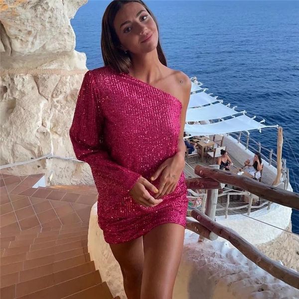 

casual dresses woman elegant rose red one shoulder short dress 2021 spring chic female solid beading ladies shiny party mini, Black;gray