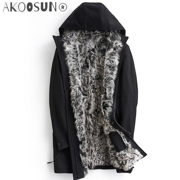 

men's leather & faux akoosun real wool liner parkas winter jacket men fur coat plus size long mens jacket&coat parka homme ml-fes8069my, Black