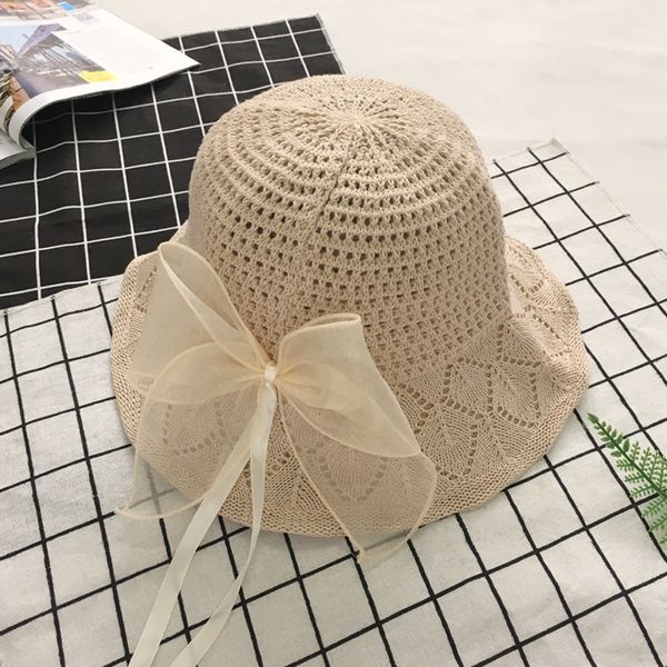 

designer satin large bow cotton hemp sunshade children's spring summer beach hat foldable fisherman's sun, Yellow