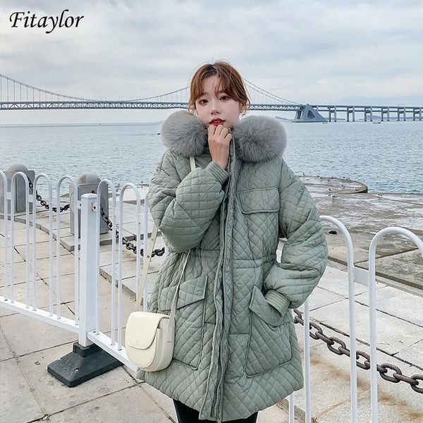 

fitaylor winter women down parkas 90% white duck coat medium long large fur hooded jacket warm thickness snow outwear women's &, Black