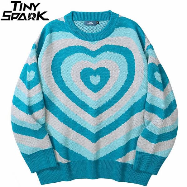 

men's sweaters hip hop knitted sweater streetwear heart print harajuku pullover 2021 men autumn winter cotton casual blue red, White;black