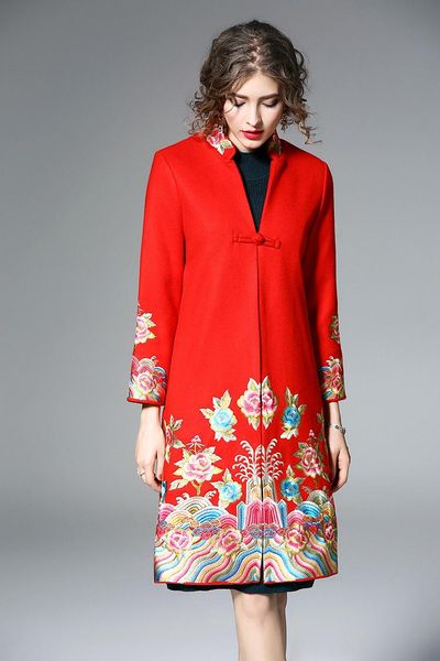 

women's wool & blends winter original chinese style flower and cloud embroidered long-sleeved warm woolen jacket windbreaker outerwear, Black