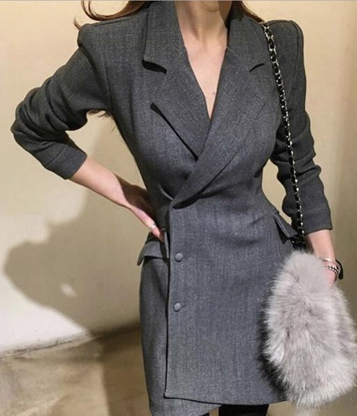 

casual dresses elegant womens suit dress high waist office lady lapel collar long sleeve female ladies ol fashion 2021 autumn p8, Black;gray