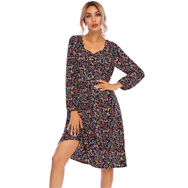 

casual dresses etosell women v-neck floral printed long-sleeved dress high waist summer, Black;gray