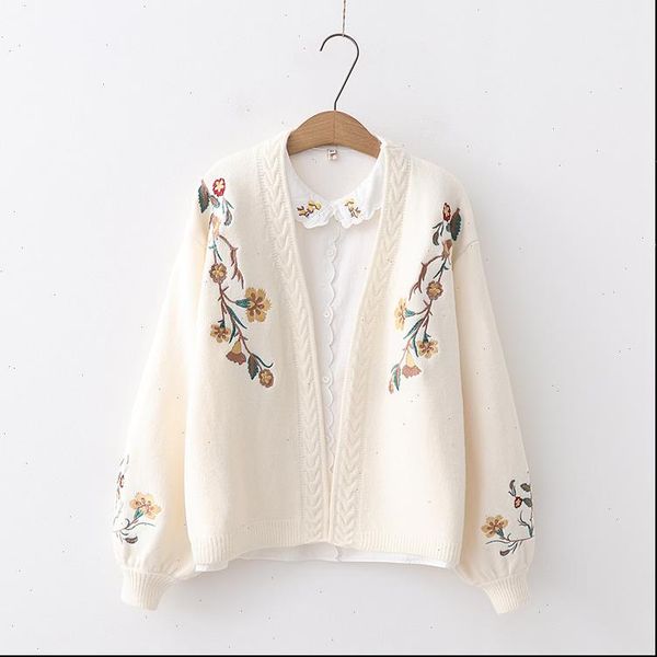 

women sweater fashion chic flowers embroidery lantern sleeve cardigan female drop high quality, White;black