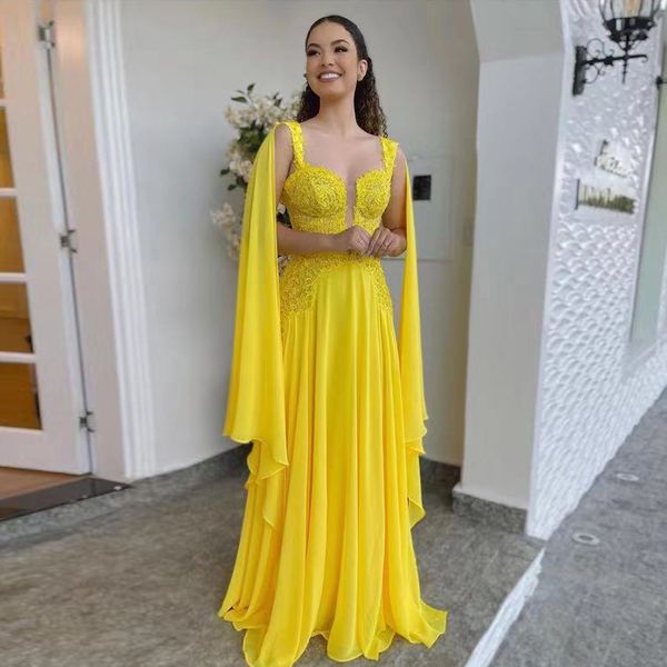 Impressionante amarelo boêmio vestidos de baile chiffon a linha vestidos de noite 2021 com envoltório rendas apliques até o chão vestido maxi das mulheres 326 326