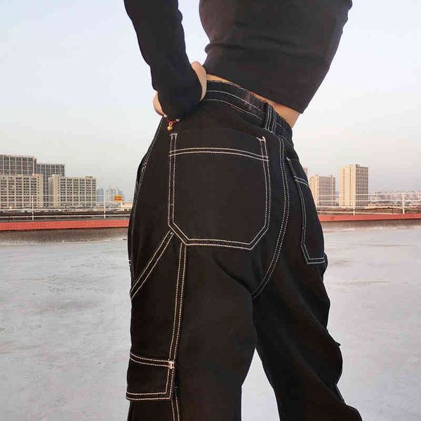 

weekeep pockets patchwork baggy fashion streetwear 100% cotton women denim trouser loose cargo pants korean jeans harajuku, Blue