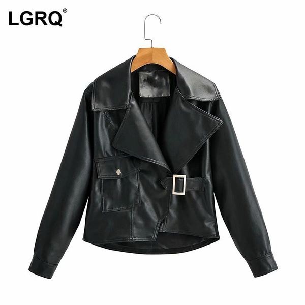 

women's leather & faux [lgqr] metal button design streetwear pu leatherl jacket lapel long sleeve women coat fashion spring autumn 2021, Black