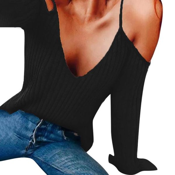 

black pullover sweater 2021 women's v-neck pullovers lady casual off shoulder strap long sleeve sweaters feminia #t1g, White;black