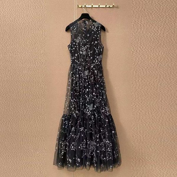 

casual dresses embroidery runway fashion black summer luxury flower stars mesh elegant party beach ladies long dress, Black;gray