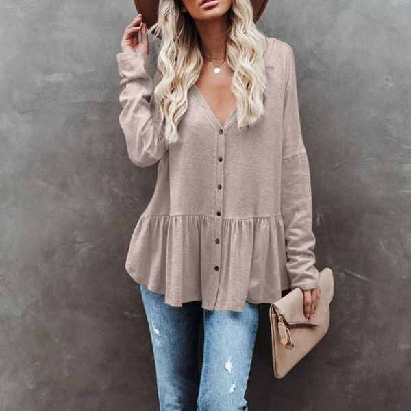 

women's blouses & shirts button up blouse women pleated shirt v-neck long sleeve pure color casual tunic chemise femme camisas, White