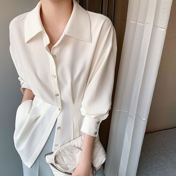 

women's blouses & shirts office lady womens 2021 spring long sleeve pleated fold slim waist back belt collar plus size fashion chiffon, White
