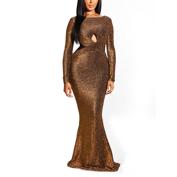 

glitter sequins party dress women long sleeve backless elegant maxi dresses hollow out vestidos casual, Black;gray