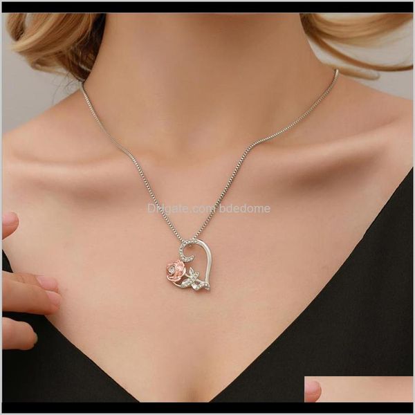 

necklaces & pendants jewelry drop delivery 2021 necklace heart pendant gold rose flower white crystal setting sier color plated box chain wo, Silver