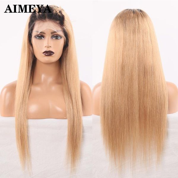 

lace wigs aimeya front human hair for women ombre blonde long silky straight 13x6 frontal wig with nartural hairline, Black;brown