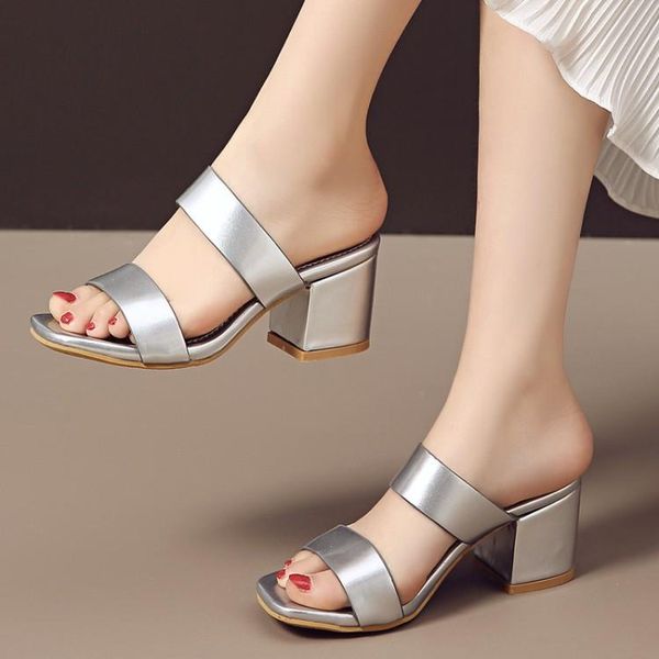 

slippers 2021 summer soft face leather sandals and wild simple middle-heeled thick heel fashion casual, Black