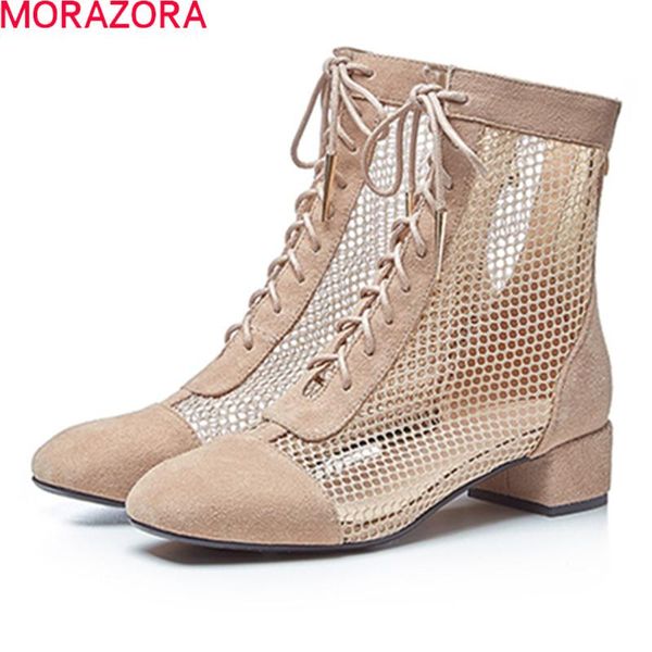 

genuine leather boots comfortable low heel square toe summer fashion lace up casual ankle women, Black