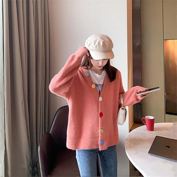 

women's knits & tees imitation mink velvet sweater coat autumn style v-neck short section long-sleeved cardigan top, White