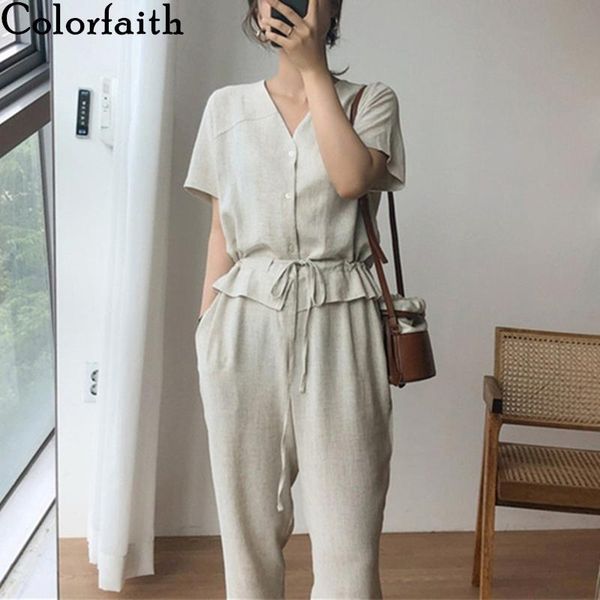 

women's jumpsuits & rompers colorfaith 2021 summer women casual cotton and linen ankle-length pants fake two pieces playsuit js8118, Black;white