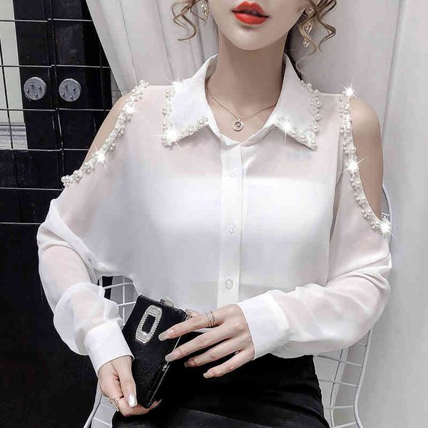 

blouse shirts chiffon pearl shirt turn down collar off shoulder long sleeve beading women blouses 693c 210420, White
