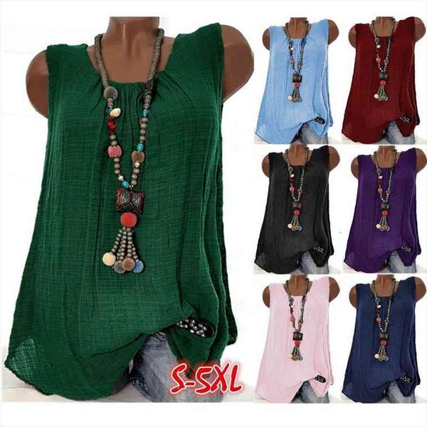 

plus size vintage linen cotton baggy blouse shirts women summer o neck sleeveless loose blusas 7 colors s-5xl, White