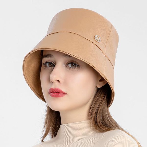 

wide brim hats fisherman hat pu leather all-match solid color bucket female autumn and winter japanese retro basin wholesale cross-bord, Blue;gray