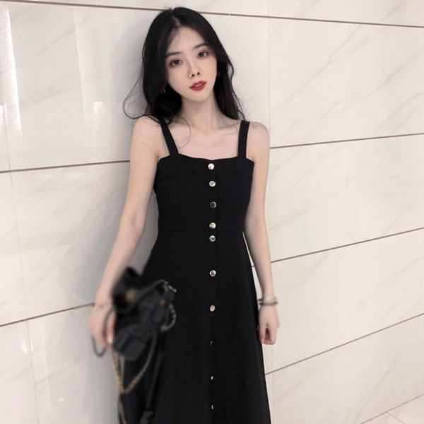 

casual dresses summer ladies korean fashion retro sweet all-match outer wear strap black slim dress listing, Black;gray