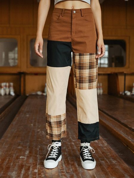 

romwe contrast plaid straight leg pants 18mb#, Black;white