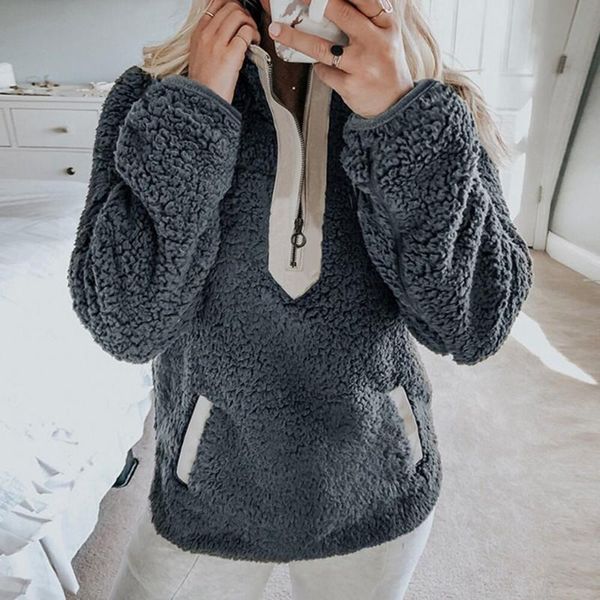 

female hoodies warm turtleneck thick sherpa new women fleece sweatshirt winter casual faux fur zipper collar, Black