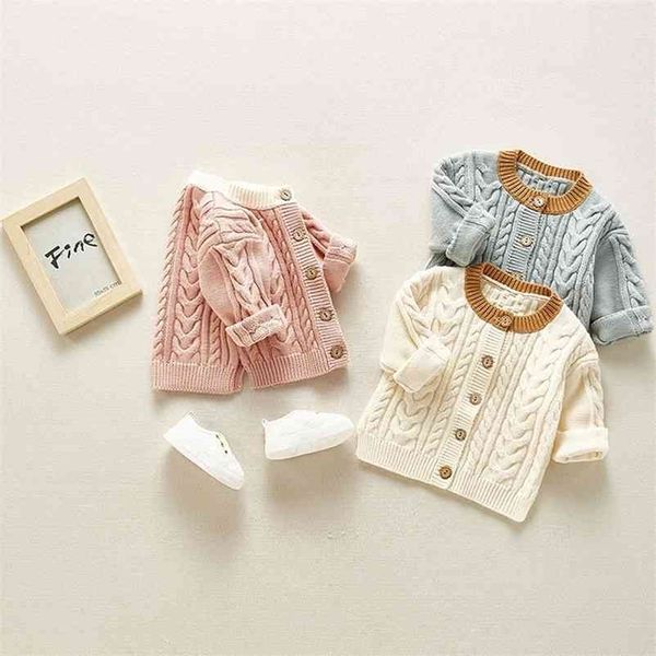 Frühling geborene Baby-Jungen-Mädchen-Pullover-Mäntel-Marken-Baumwollstrick-feste Strickjacke-Knopf-Jacken-Säuglings-Outwear-Tops 210521