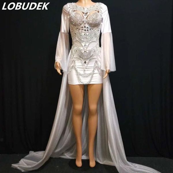 

casual dresses white long trailing silver rhinestones short dress female singer stage performance package hip nightclub host costume, Black;gray