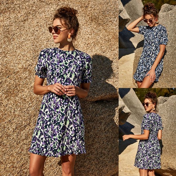 

round neck jumpsuit short high waist long sleeve pullover printed temperament commuter middle skirt dress, Black;gray