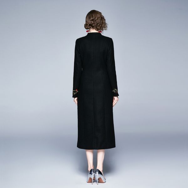 

wool high qulaity luxury women trench winter tweed floral embroidery thick warm single breasted vintage long wool coat, Black