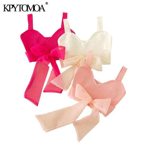 

women fashion with organza bow tied cropped knit tank vintage backless wide straps female camis mujer 210416, White