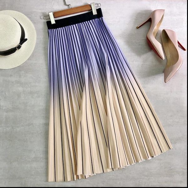 

spring summer midi gradient women skirts color stripe pleated high waist elegant office lady a line korean long, Black