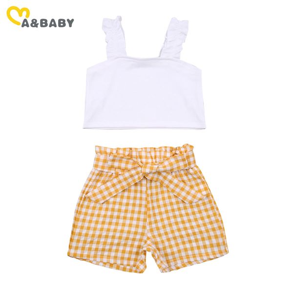 2-7Y Summer Toddler Child Kid Girl Clothes Set senza maniche Ruffle Vest Top Bow Yellow Plaid Shorts Outfit Travel Holiday 210515