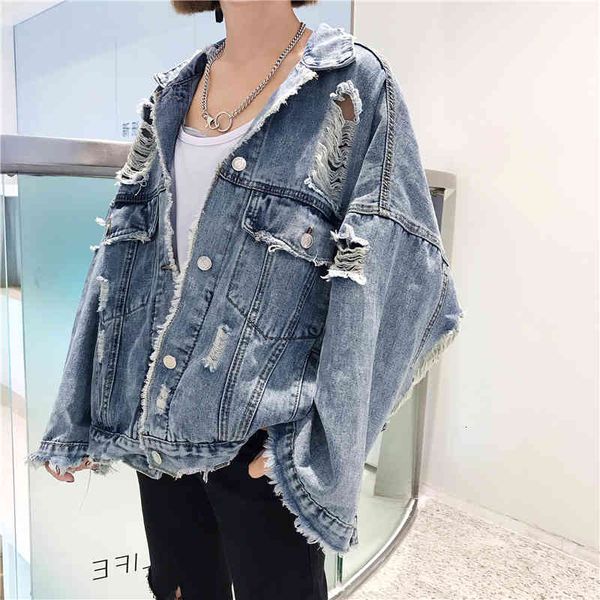 

Women's Jackets Autumn Spring Korean Women Hole Denim Loose Frayed Bomber Where Is My Mind Blue Coat Female Outerwear 201014 QYCV, Black;brown