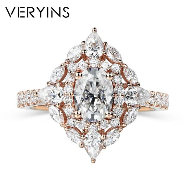 

cluster rings veryins art deco 14k rose gold center 6*8mm oval cut moisanite double halo engagement ring for women anniversary gift, Golden;silver