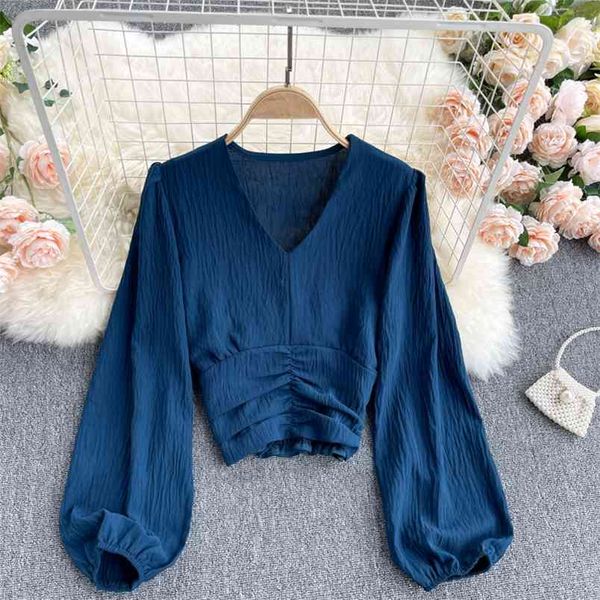 

spring solid color blouse female v-neck puff sleeves waist slim high blusa pleated chiffon shirt gk091 210506, White