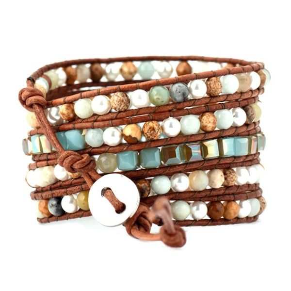 

beaded, strands fashion multi-layer pu leather winding bracelet semi-precious stone for women hand-woven, Black