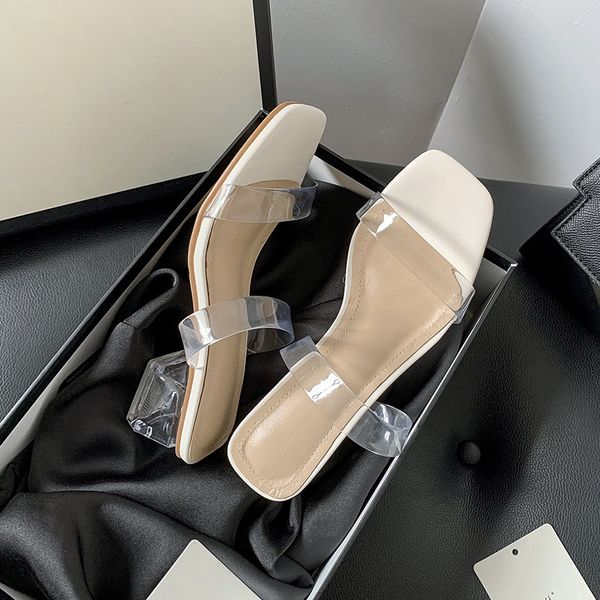 

luxury slippers sheep transparent net red slippers to wear 2021 fashion summer middle thick heel sandals for women, Black