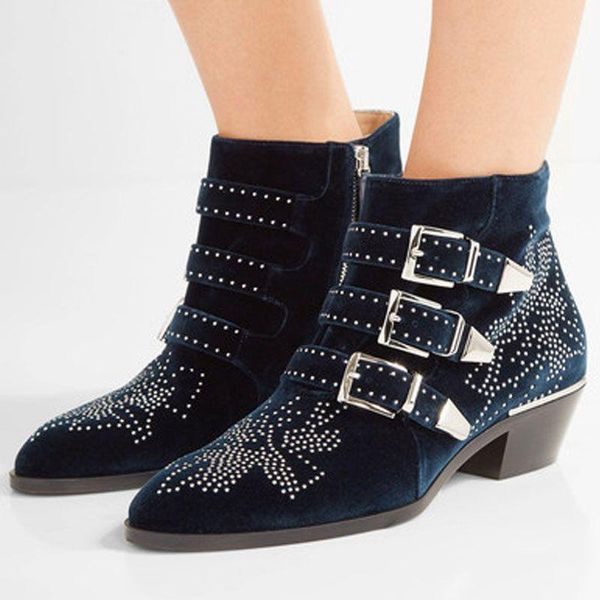 

boots short boot leather buckle show classic pointed thick rivet fashion trend, Black