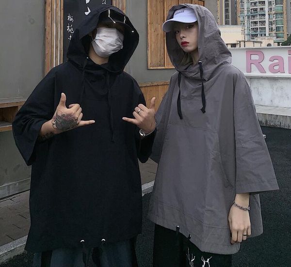 

Men's Hoodies & Sweatshirts Spring Autumn Thin Section Solid Color Casual Couple Hooded Sweatshirt Men Streetwear Loose Hip Hop Short Sleeve, Black