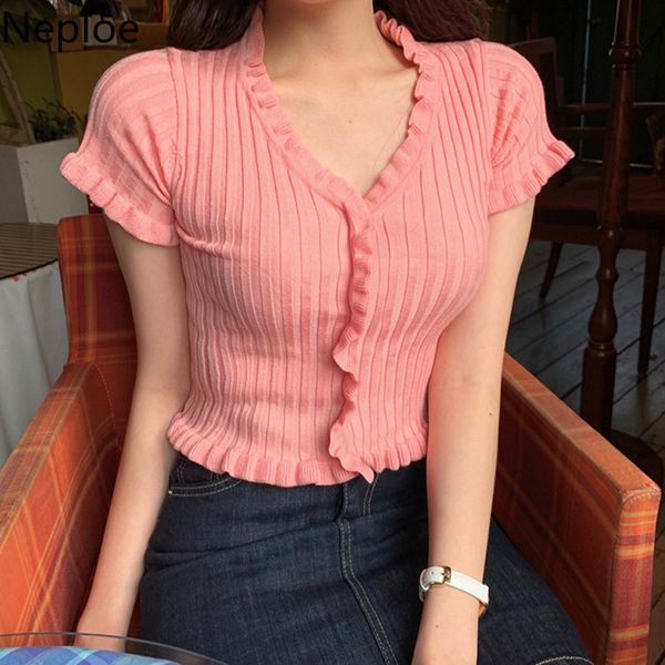 

neploe summer cropped sweater women short sleeve knit cardigan v neck korean ruffle sweaters female pullover bodycon crop 210422, White;black