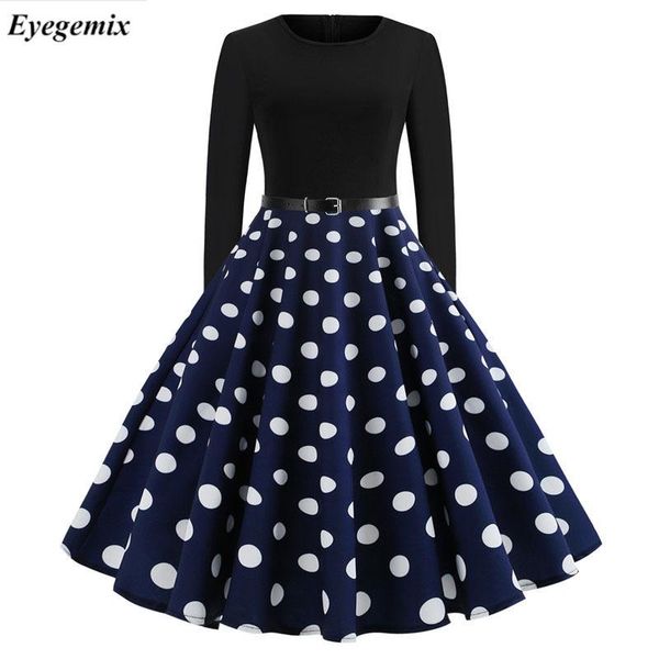 

winter dress women polka dot patchwork elegant vintage long sleeve big swing plus size casual party dresses vestidos, Black;gray