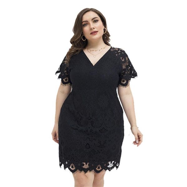 

plus size dresses summer black mini dress for women lace v-neck evening party elegant short sleeve large female