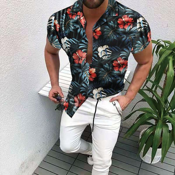 

Mens Shirt floral Print Casual Short Sleeve Beach Blouse Tops S-3XL, As picture