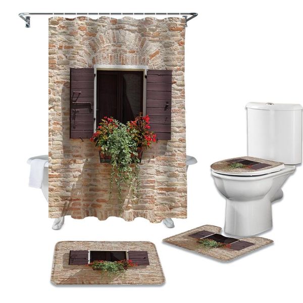 

shower curtains windows flowers wall wooden board retro style bathroom curtain toilet cover mat rug set for bathtub decor