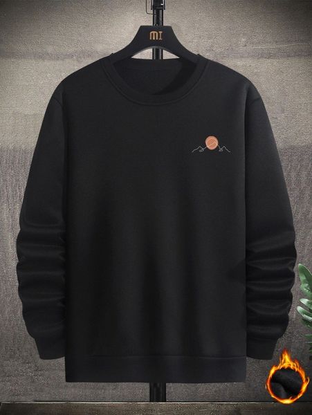 

men mountain print thermal lined sweatshirt m9c3#, Black