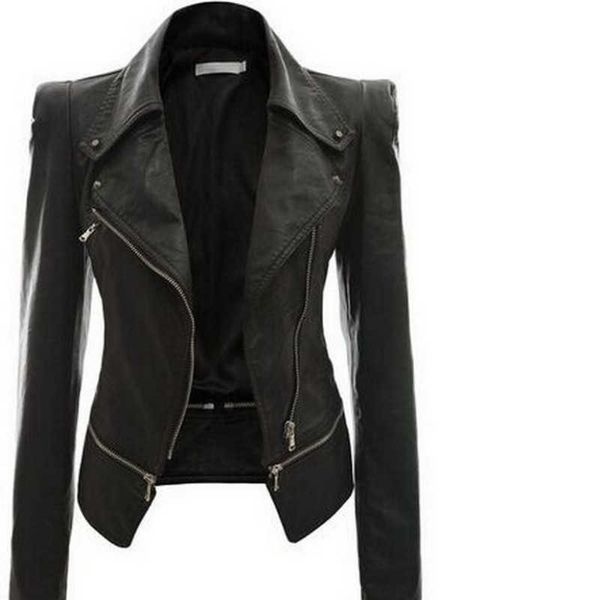 Outono Mulheres Faux Jaqueta De Couro Gótico Moto Jaqueta Zíperes Manga Longa Goth Feminino Pu Faux Jackets 210608